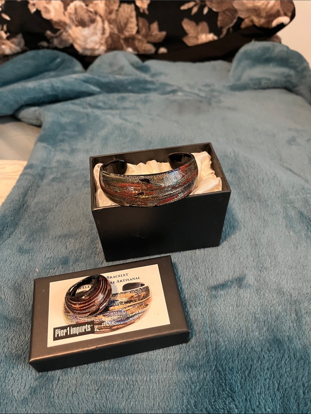 Pier 1 Multicolor Iridescent Glass Cuff Bracelet with Matching Ring